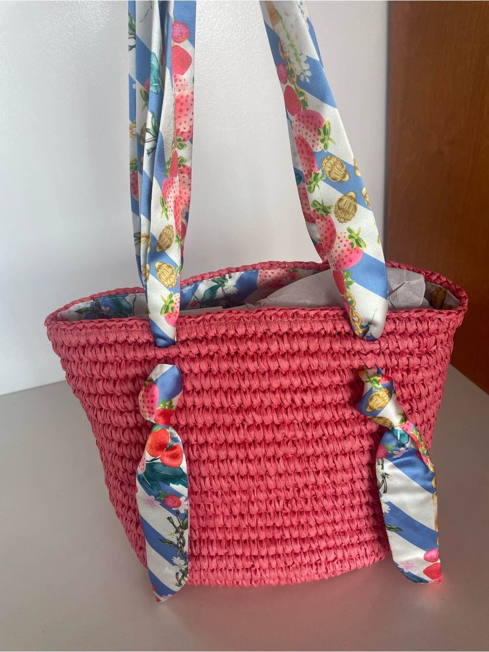 Kurt Geiger Coral Pink Woven Tote with Floral Scarf Handles and quilted wallet - Picture 3 of 8